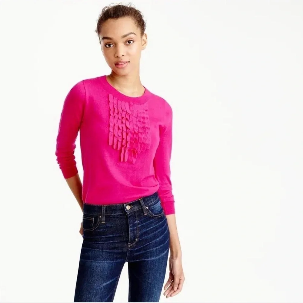 J. CREW Preppy 100% Merino Wool Ruffle Front Tippi Sweater in Pink Size M